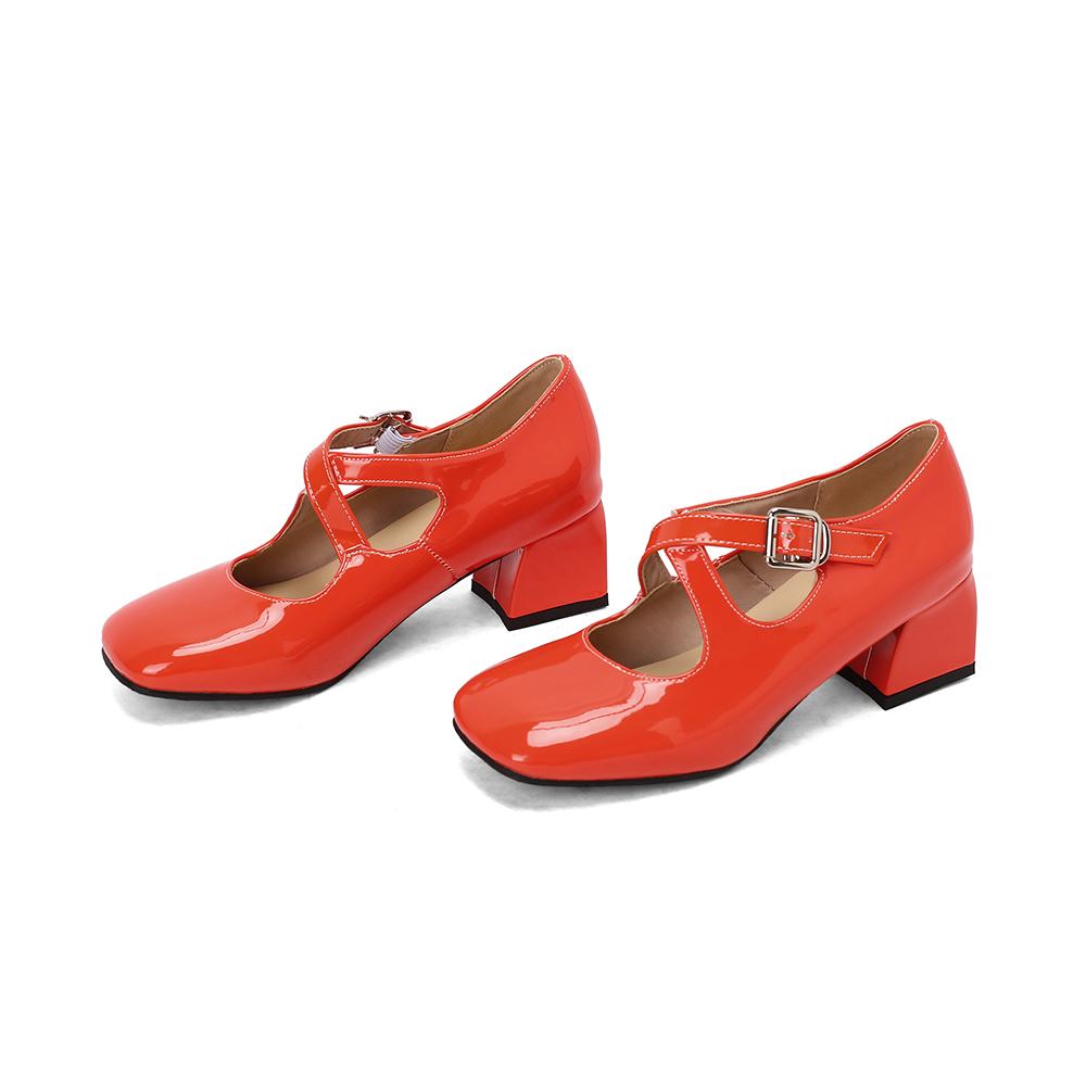 White Women Pumps Square Toe Non-slip Buckle Strap High Block Heel Plus size 45 48