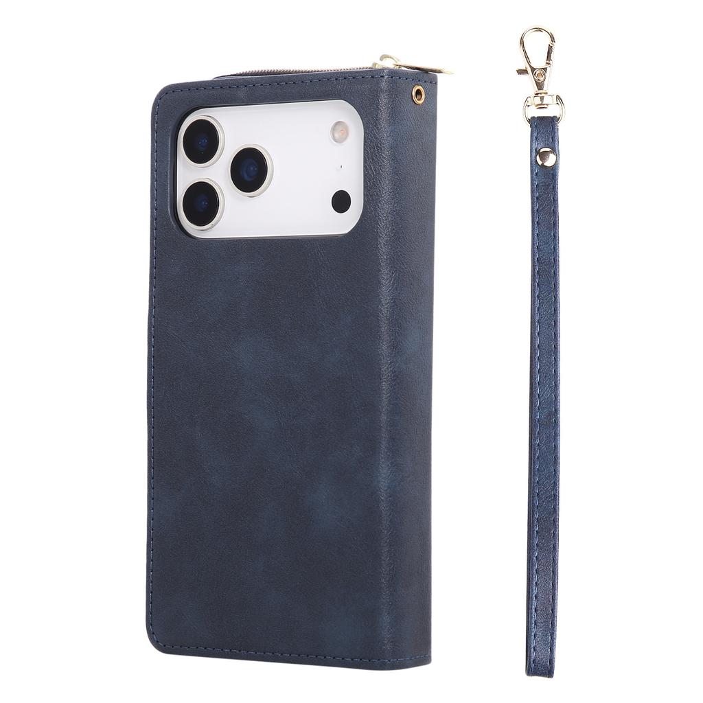 For iPhone 17 Pro Max Case Zipper Pocket 9 Card Slots PU Leather Phone Cover with Hand Strap