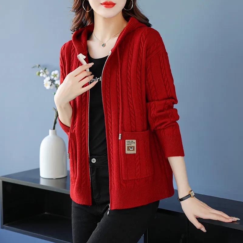 Podzimní kardiganový svetr bunda dámská s kapucí volný na zip svetr dámský elegantní pletené svrchní oblečení topy