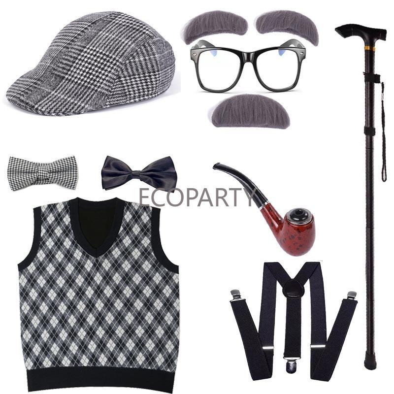 New Kids 100 Days of School Costume for Boys Halloween Old Man Costume Hat Glasses Wig and Grandpa Vest Cane Full Set Child