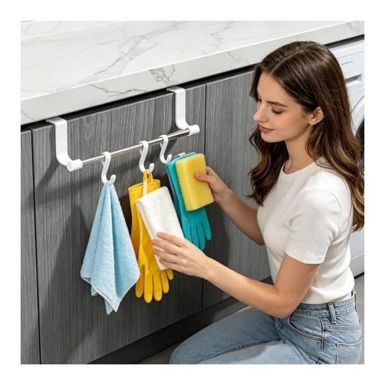 Over Cabinet Towel Holder - Sleek Adhesive Stainless Steel Organizer, Space Saving Hanging Rack | Multifunctional Kitchen Bathroom Storage Accessory