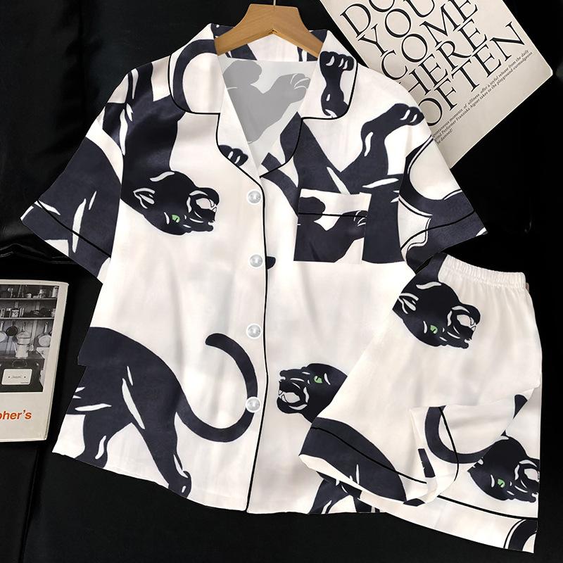 Fashion Pajamas Women S Summer Short-Sleeved Shorts Little Black Panther High-End Casual Loungewear Set L