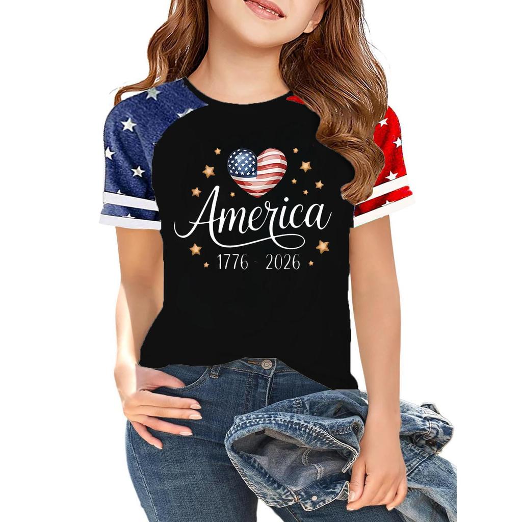 Kids Independence Day Printed Crew Neck Short Sleeve Casual T Shirt USA Map Graphic Raglan Sleeves Tee for Boys Girls Summer Wear