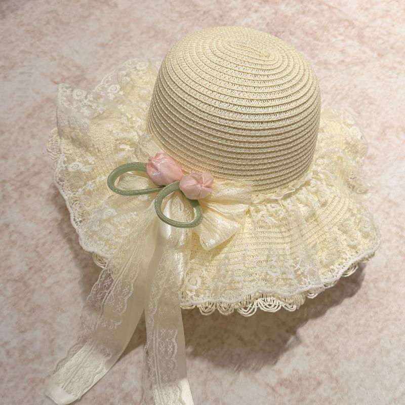 French Lace Lily Bow Straw Hat Women's Summer Big Brim Sun Hat Seaside Beach Vacation Sun Hat