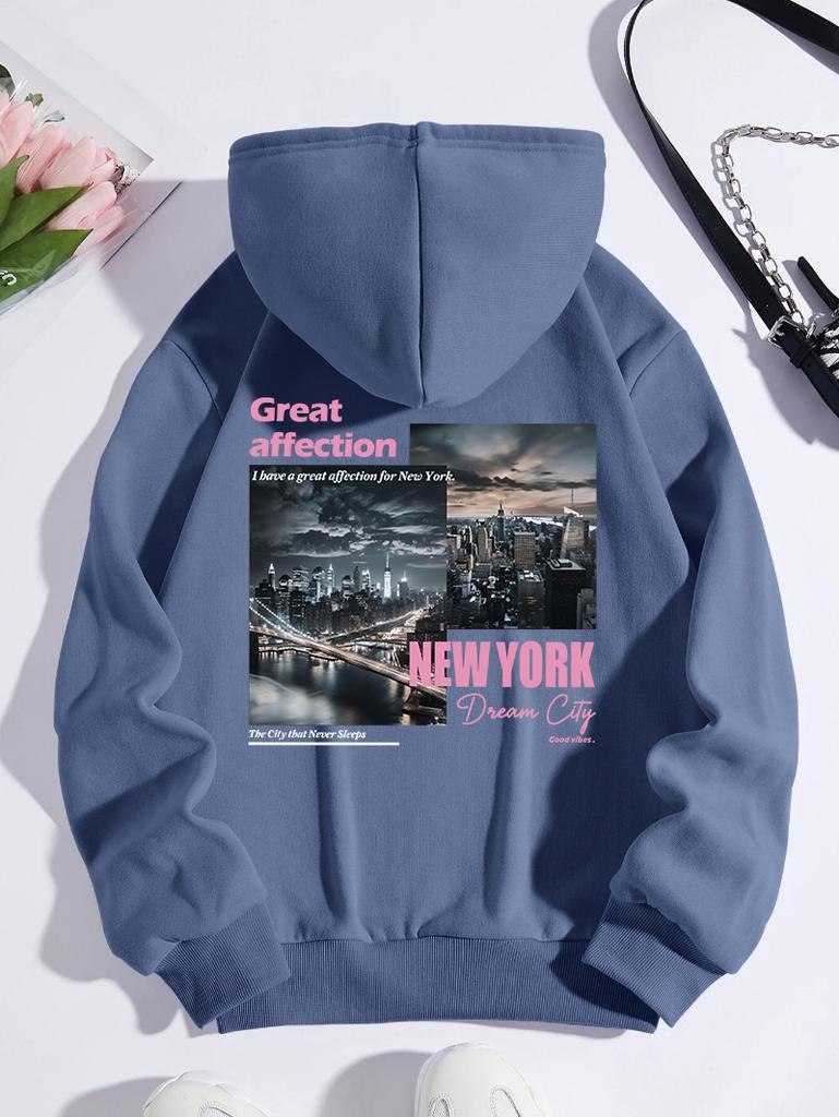 New York Dream City Printed Hoodies Casual Fashion Women Pullover Fleece Warm Pocket Sweatshirt Sporty Oversize Street Clothes