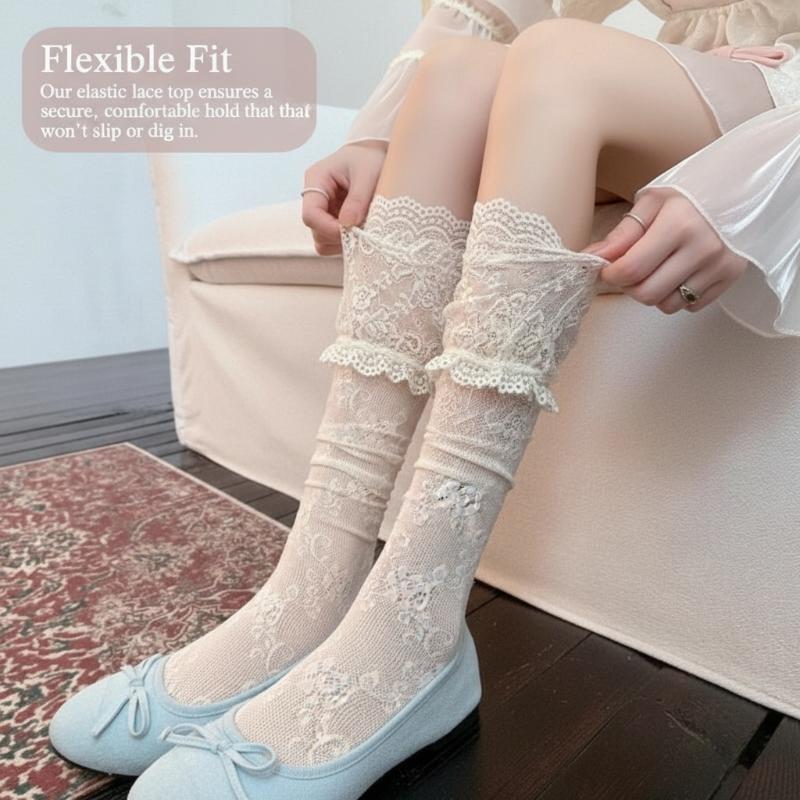 1 Pair Women's JK Fashion Thin Material Fishnet Socks Hollow Edge Comfortable Calf Socks Spring Summer Lace Design Trim Socks
