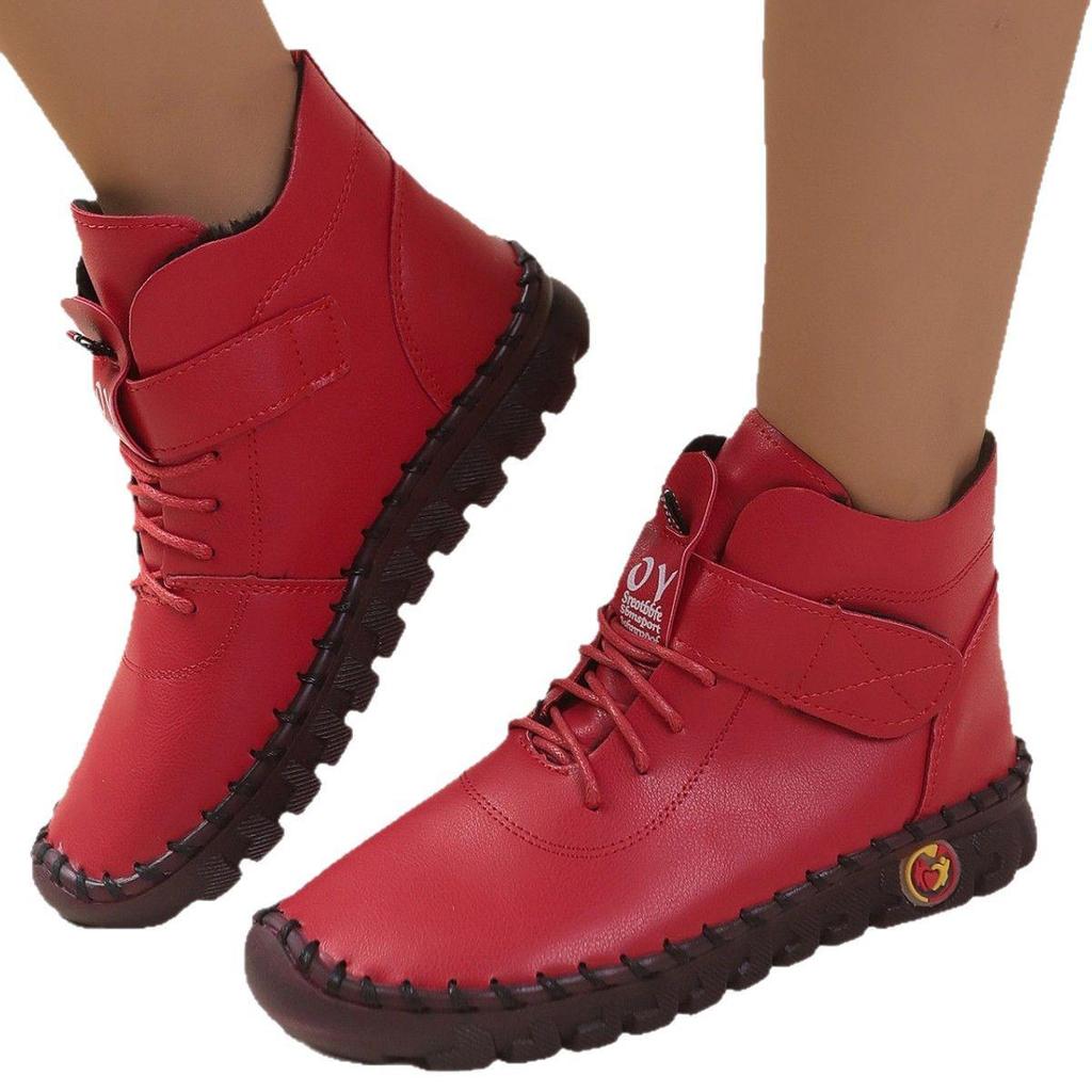 Botines de Invierno Forrados de Felpa para Mujer - Con Cordones, Punta Redonda, Cierre de Velcro, Tallas Grandes
