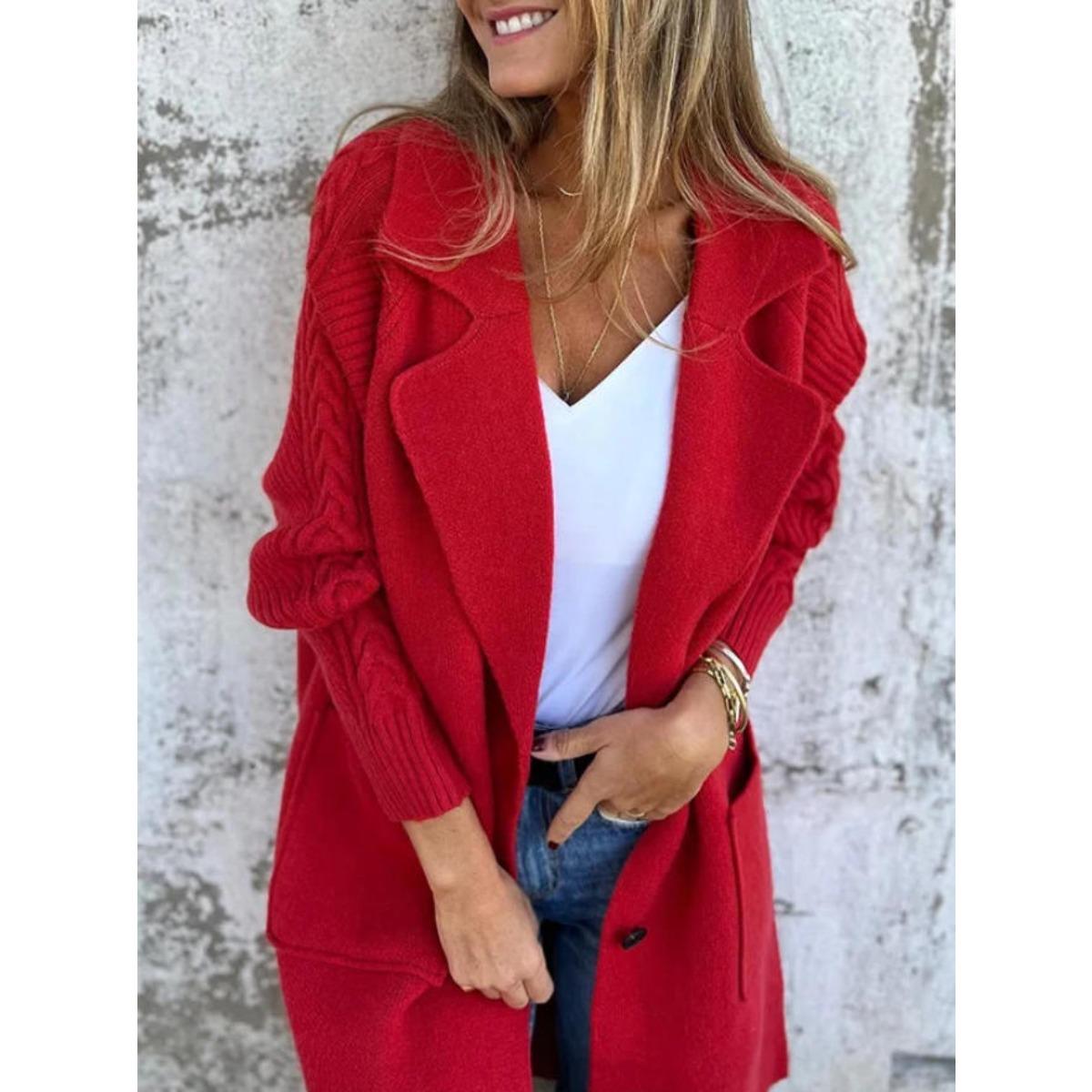 Women s Lapel Collar Cable Knit Patchwork Pocket Long Sleeve Mid Length Open Front Knit Cardigan Coat Fall Casual Outerwear XS красный