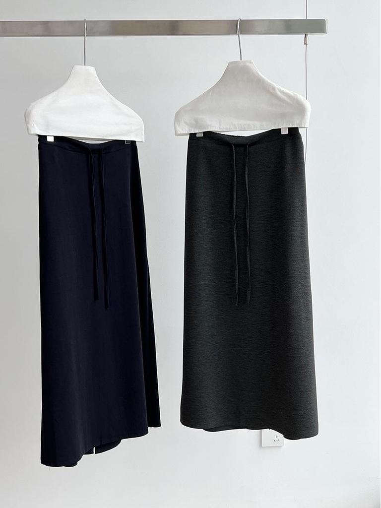 LUXI Korean-Style A-line High Waist Drawstring Maxi Skirt, Summer Casual 2673