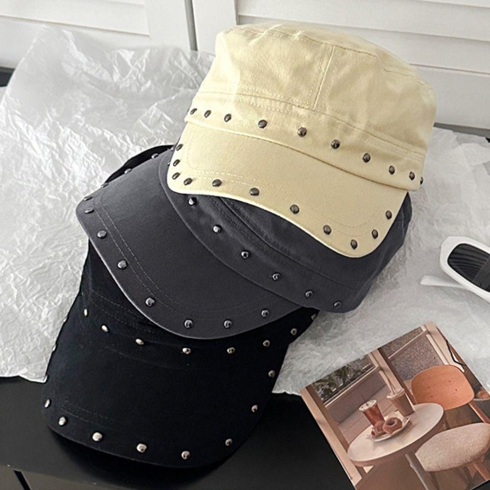 Y2k Rivet Flat Top Hat Cotton Retro Baseball Cap Retro Rivet Peaked Cap Girl