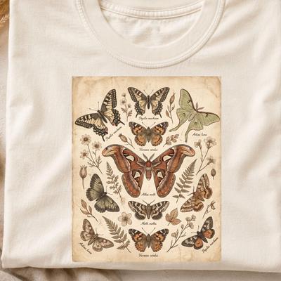 Vintage sommerfugleskjorte, botanisk møl grafisk t-shirt, retro naturprint