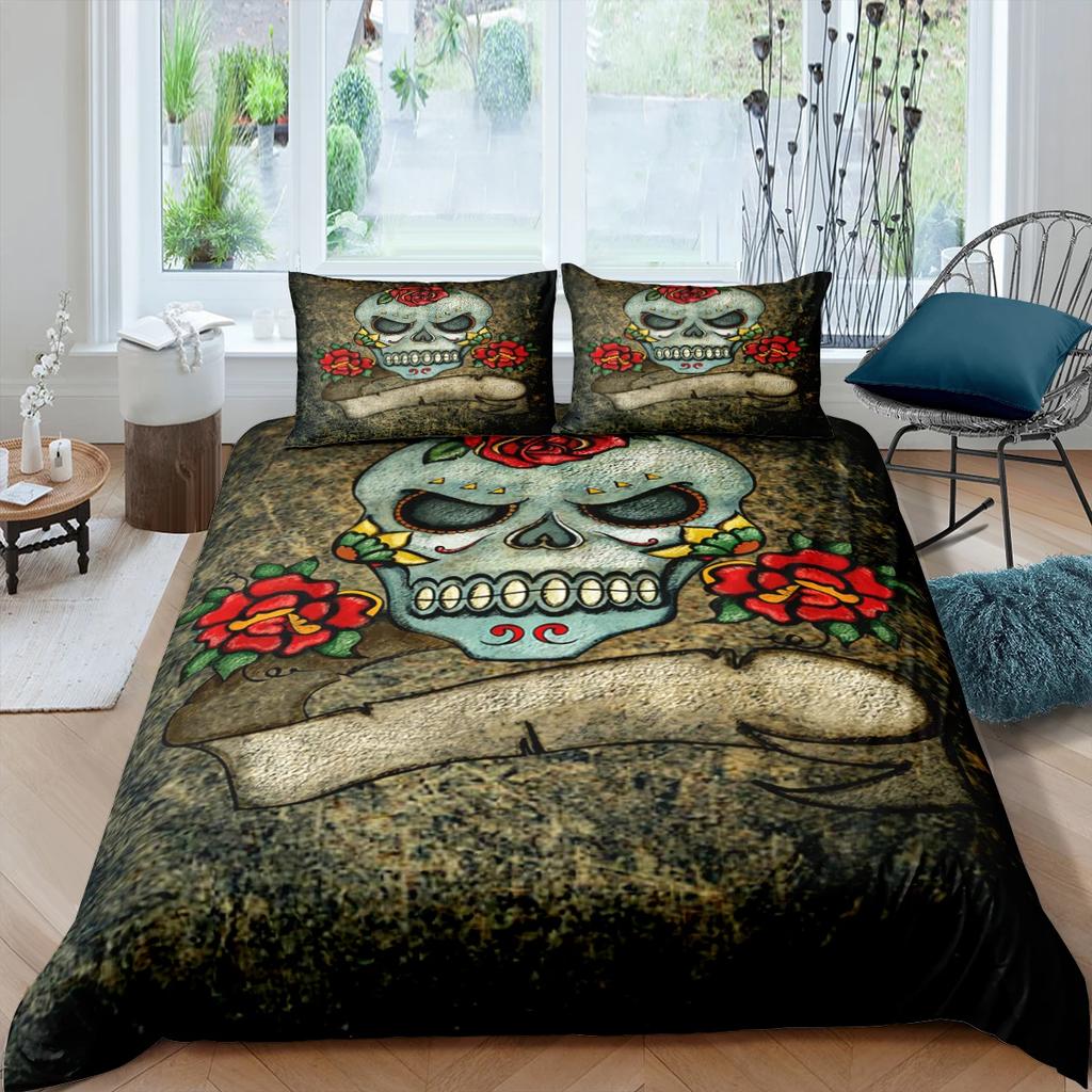 Sugar Skull Bedding Sets King Beauty Kiss Skull Duvet Cover Bed Set Bohemian Print Black Bedclothes Queen Size Bedline