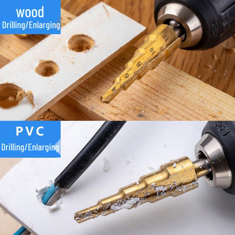 Hex Shank Step Drill Bit Set: Twist Bit Hole Opener (4-32, 4-20, 4-12) with Black and Blue Cloth Bag