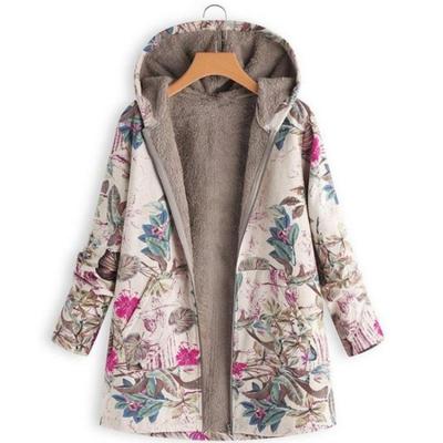 Women Vintage Floral Fleece Jacket Warm Hooded Long Sleeve Coat Casual Fashion Zipper Outerwear with Pockets