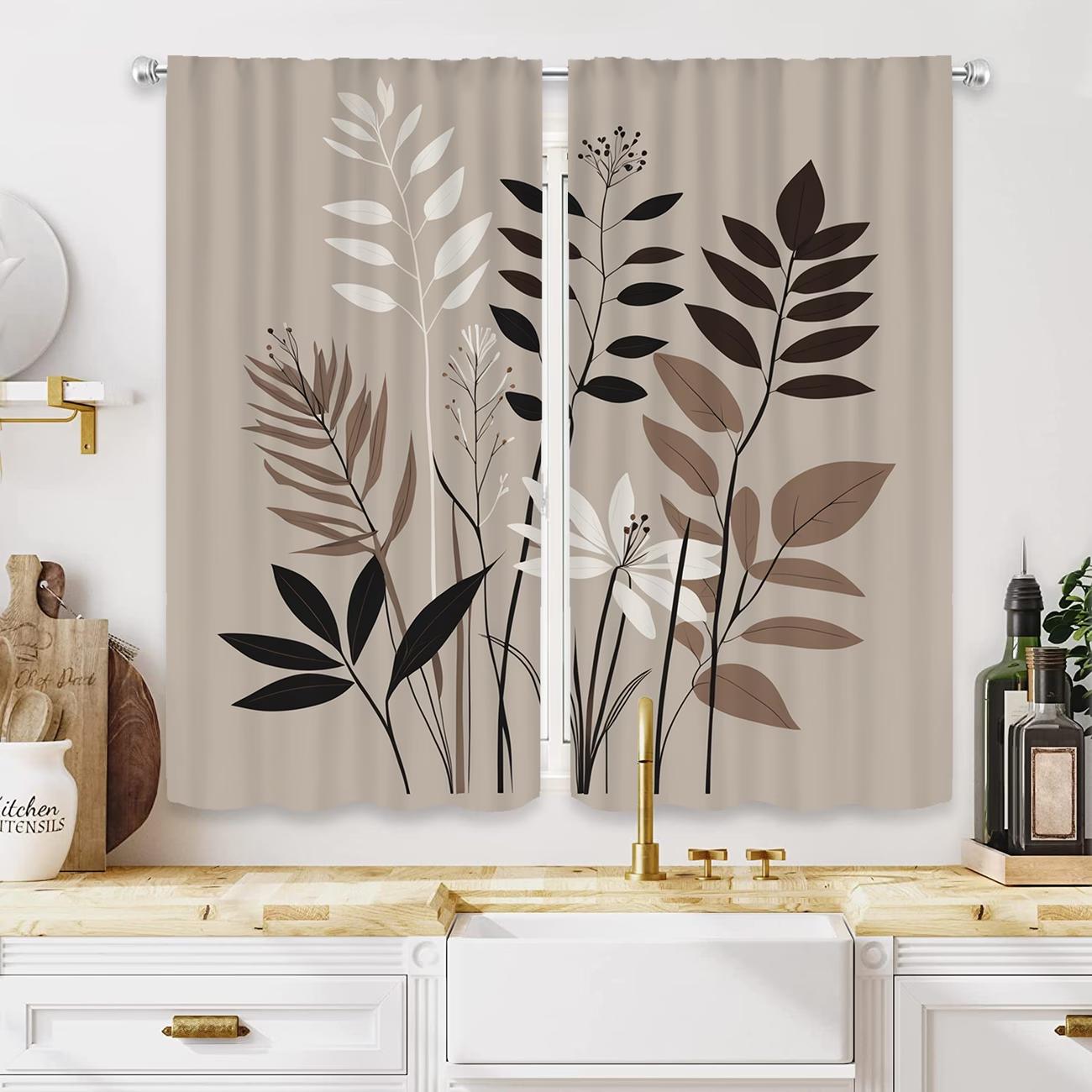 

2PC Beige Earth-Tone Botanical Sheer Curtains - Minimalist Modern Leaf Print Window Drapes for Living Room Bedroom Decor 24x59in(60x150CM)x2&Rod Pocket