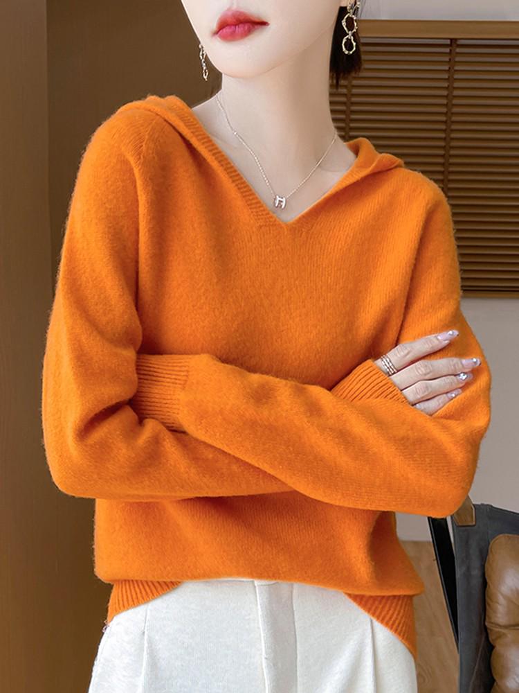 Damtröja med huva i ren australisk ull, tjock sju-gauge stickning, avslappnad ready-to-wear pullover