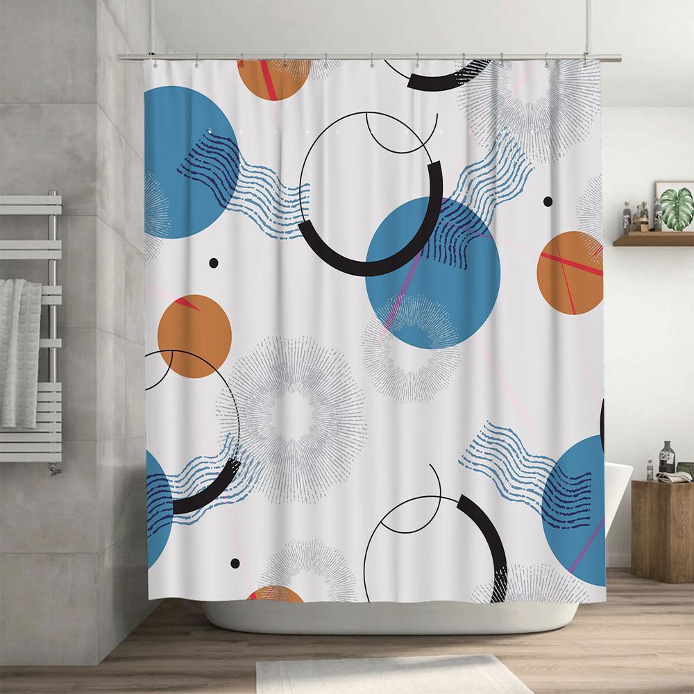 Modern Bathroom Shower Curtain: Blue Circle Waves Black Rings White Background Pattern Print Waterproof Decor for Home Bathrooms