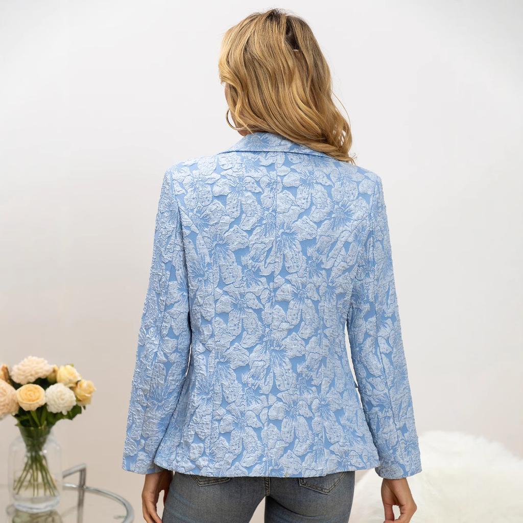 Kadın Jakarlı Uzun Kollu Tek Düğmeli Günlük Blazer Takım Ceket