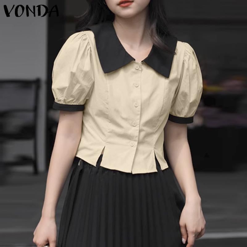 

VONDA Splicing Color Женские повседневные рубашки с короткими рукавами-фонариками Топы