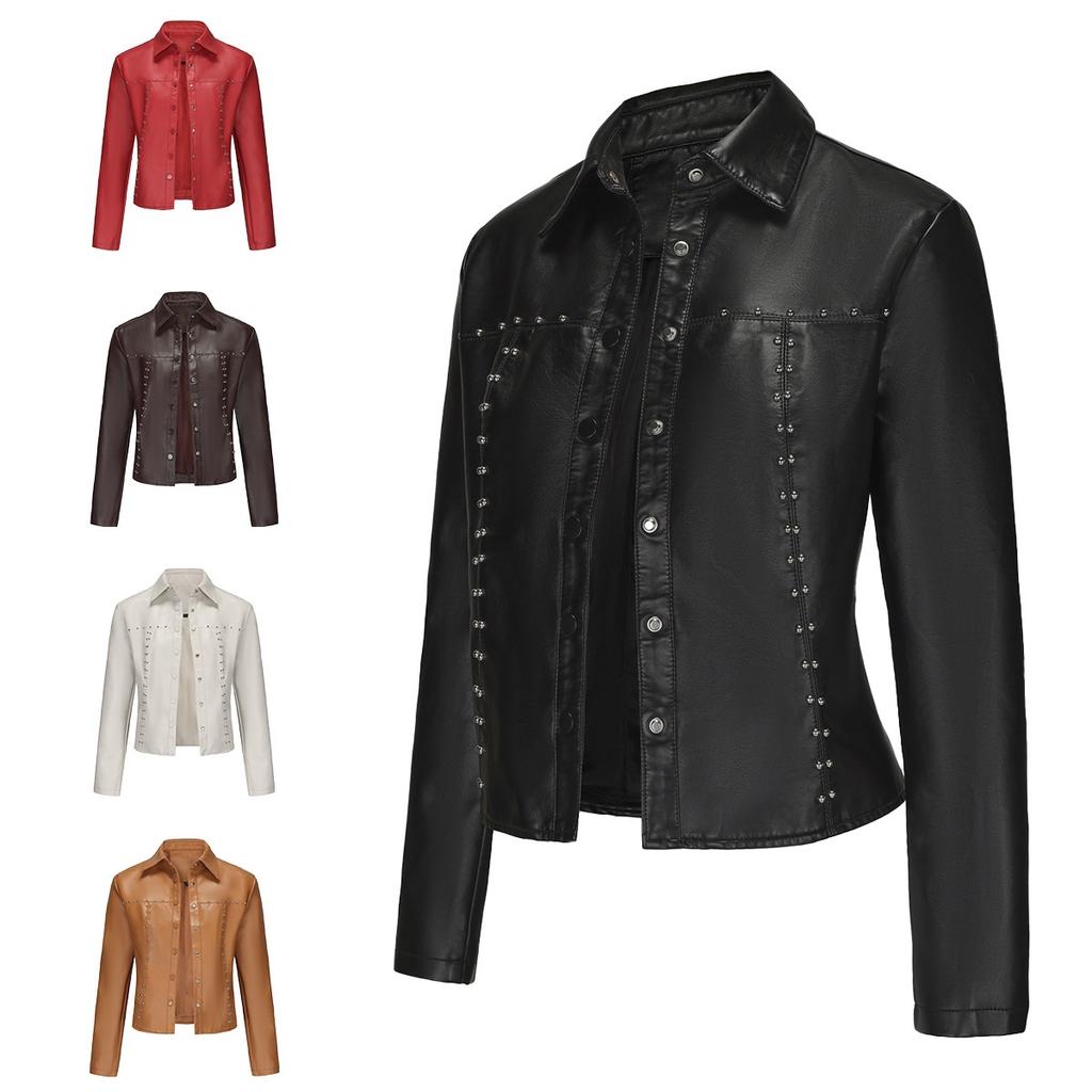 2024 Spring and Autumn New Rivet Leather Jacket Cardigan Button Leather Jacket European and American Fashion Thin Jacket Cross-border Women's Clothing