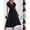 Elegant Solid Color Overlap V-Neck Batwing Sleeves Dress with Waist Shirring Women's Long Flowy Maxi Dress