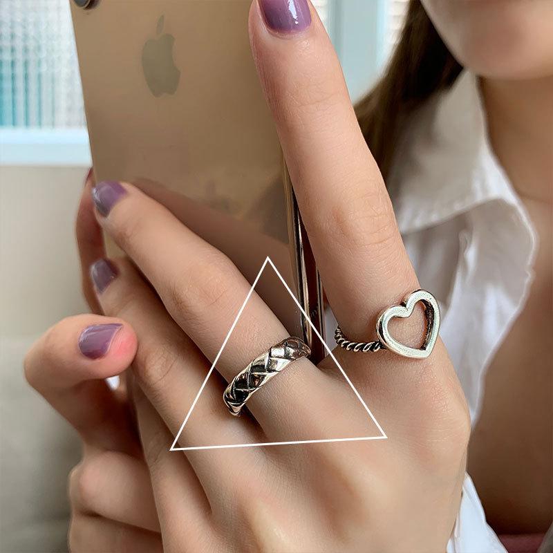 Korean Style Hollow Heart Geometric Women s Ring - Retro Fashion Hip Hop Open Index Finger Ring Adjustable Open