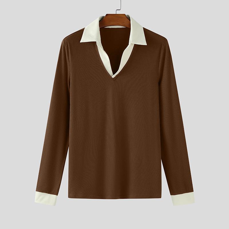 

INCERUN Autumn Men Lapel Long Sleeve Stitching Casual Office T-shirts Rib Tops M коричневый