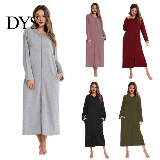 Sleep Dress Women Zip-up Nightgown Long Sleeve Loose Pure Color with Pockets Two Pocket Mid-calf Length Hooded Loungewear Daily Wear Home Bedroom Use