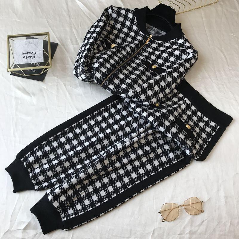 European Women's Houndstooth Knit Cardigan Two-Piece Set Casual Wear