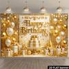 2D Flat European Carved Gold Birthday Background Cloth Gold White Balloons Paired with Three-layer Gold White Birthday Cake