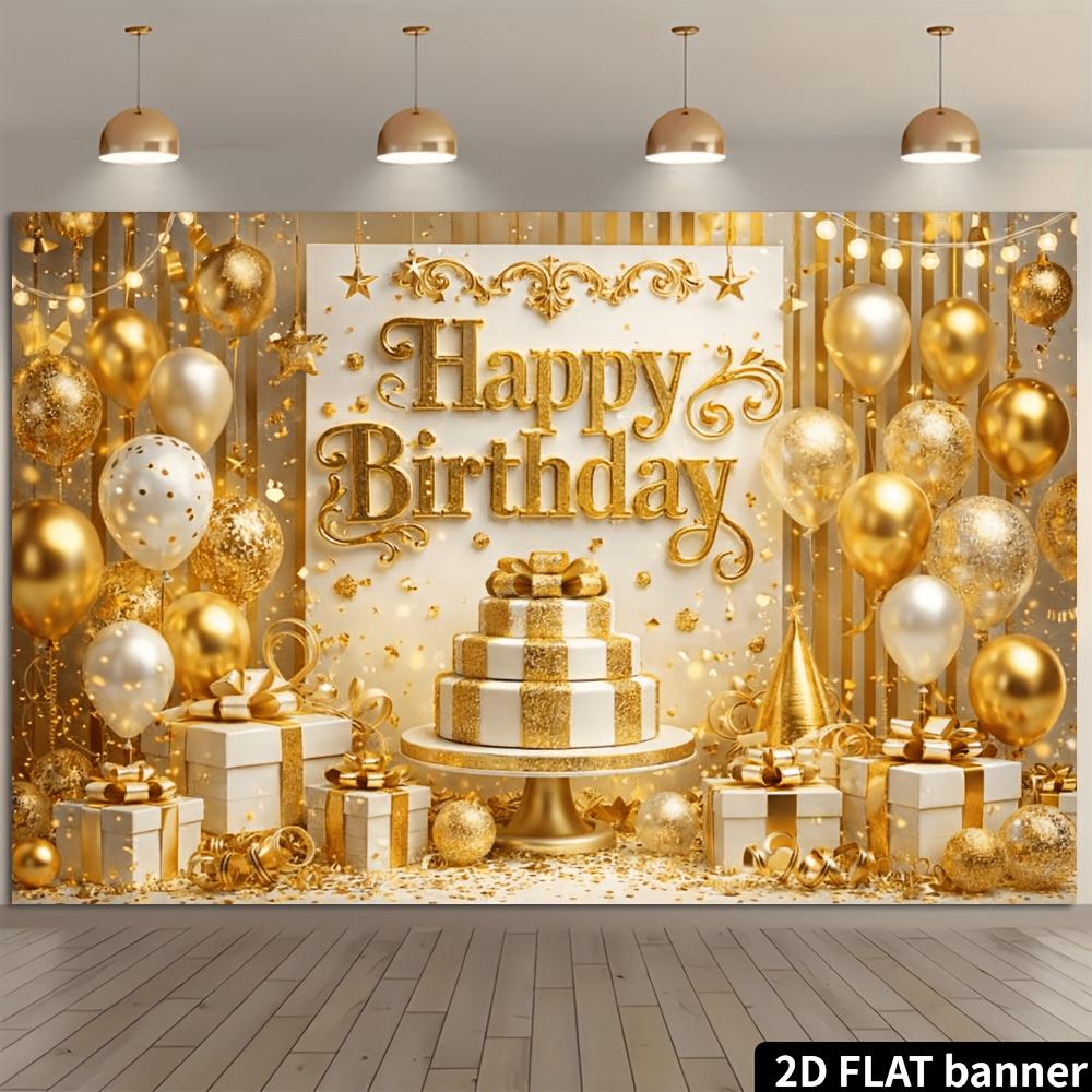 2D Flat European Carved Gold Birthday Background Cloth Gold White Balloons Paired with Three-layer Gold White Birthday Cake