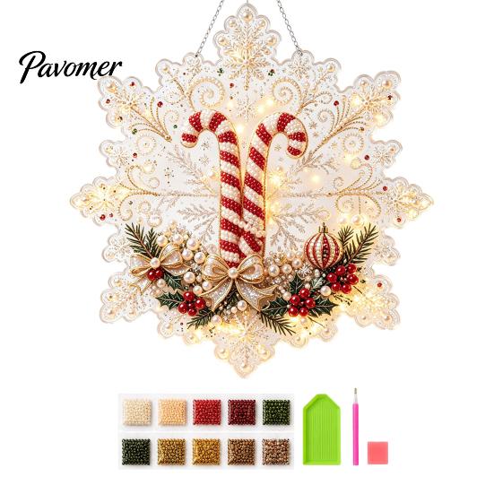 Acrylic Beaded Art Supplies Christmas Faux Pearl Painting Suncatcher Kit, Snowflake Shape Board Decorative Hanging Window with Lace Edge, 3D