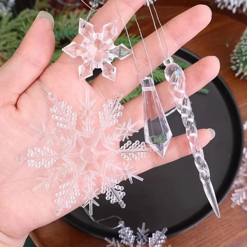 Acrylic Christmas Pendants Crystal Clear Snowflake Icicle Xmas Tree Hanging Pendant Ornaments New Year Home Party Decoration