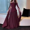 Women's Off Shoulder Sleeveless Maxi Dress A-Line Mid Waist Elegant Formal Evening Gown Pleated Chiffon Dress