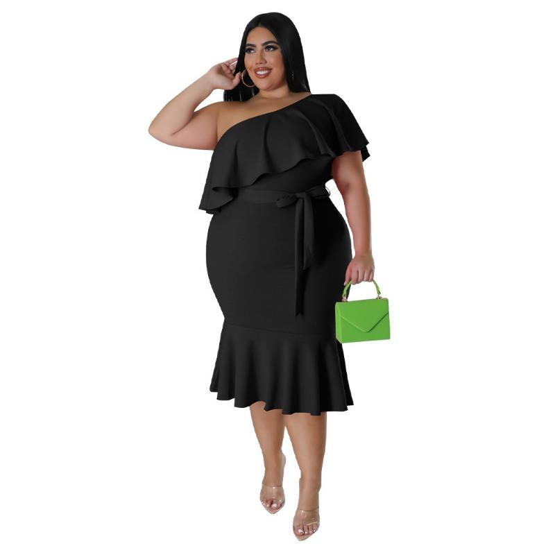 

Plus Size Hot Pink One Shoulder Ruffle Belted Mermaid Midi Dress L чёрный