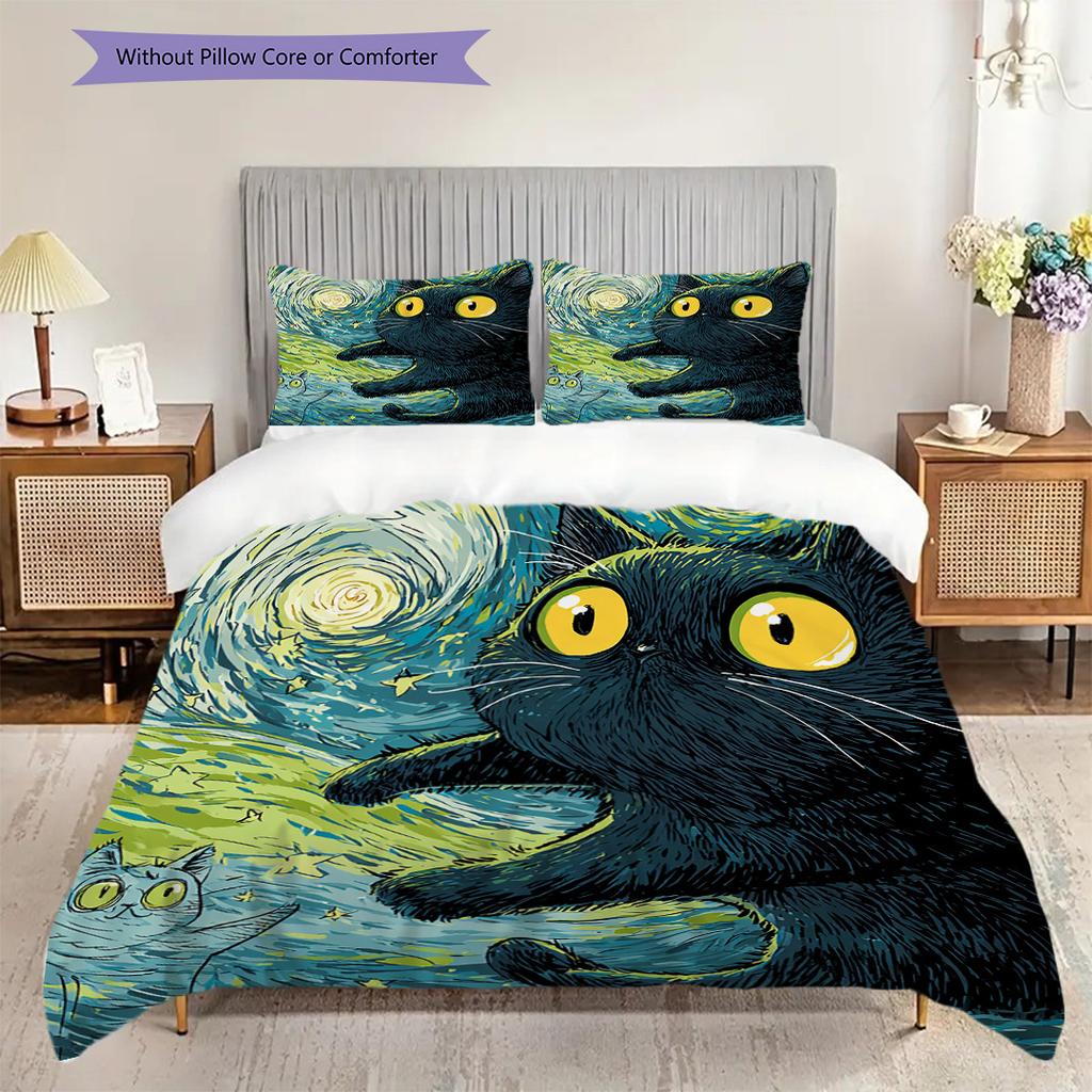 Black Cat Pattern Bedding Quilt Set Quilt Cover Pillowcase Home Decoration Birthday Gift (1 * duvet cover + 2 * pillowcase, without core)