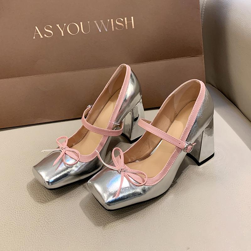 Fashion 2024 New Fashion Bowknot Mary Jane Shoes with Square Toe Platform High Thick Heel Pumps Breathable Dress High Heels Party Shoes