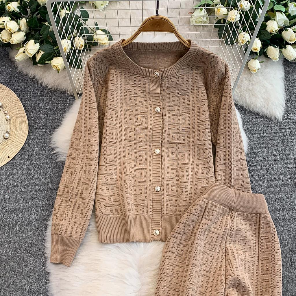 Jesień Zima Damski Designerski Wzorzysty Dzianinowy Sweter Spodnie Dwuczęściowy Zestaw Długi Rękaw Jednorzędowa Kurtka Top i Spodnie z Elastycznym Pasem Dres