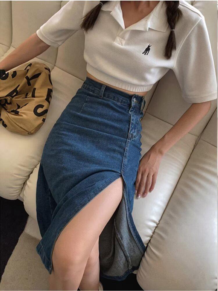 

Женская джинсовая юбка-миди бодикон с завышенной талией и разрезом - Облегающая, Большого размера, Средней длины 5XL