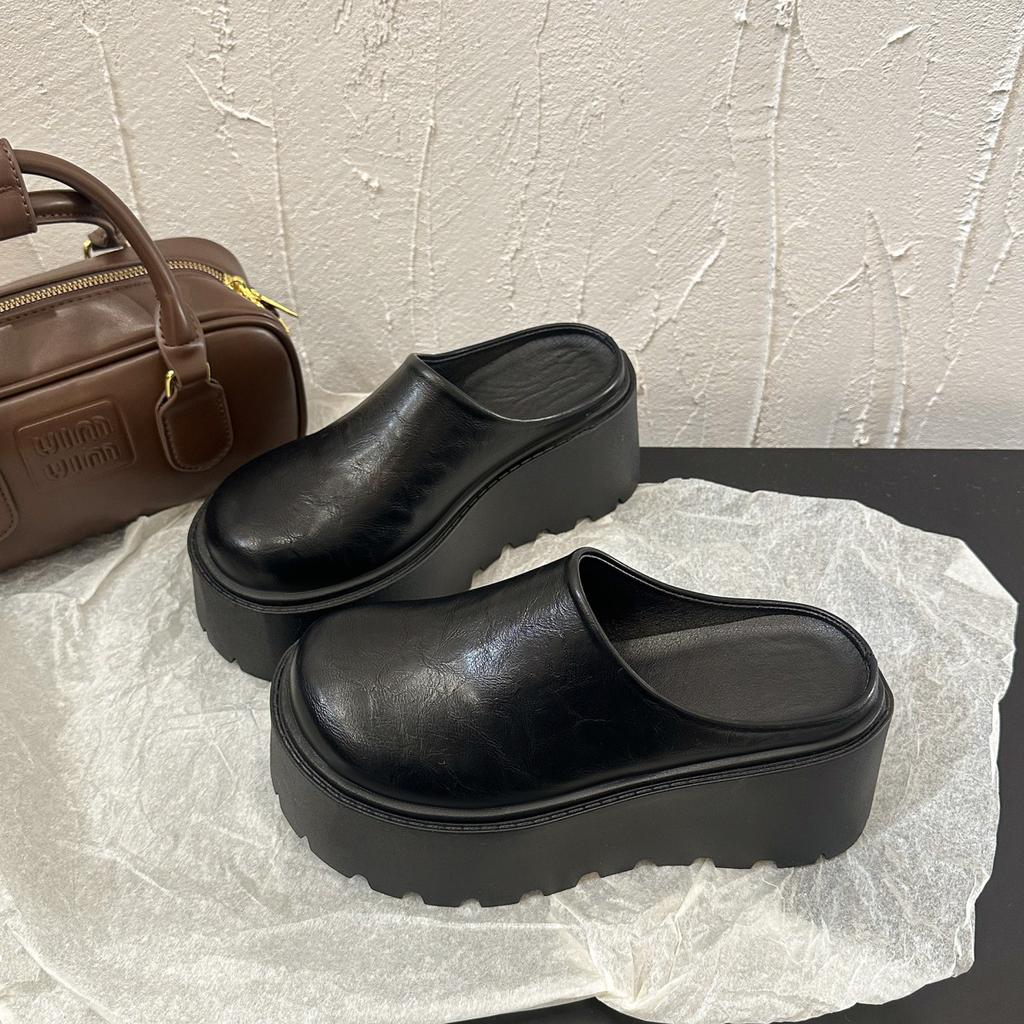 Black bag head half slippers women's outer wear 2025 spring and autumn new thick-soled lazy Muller shoes height-increasing shorty music shoes