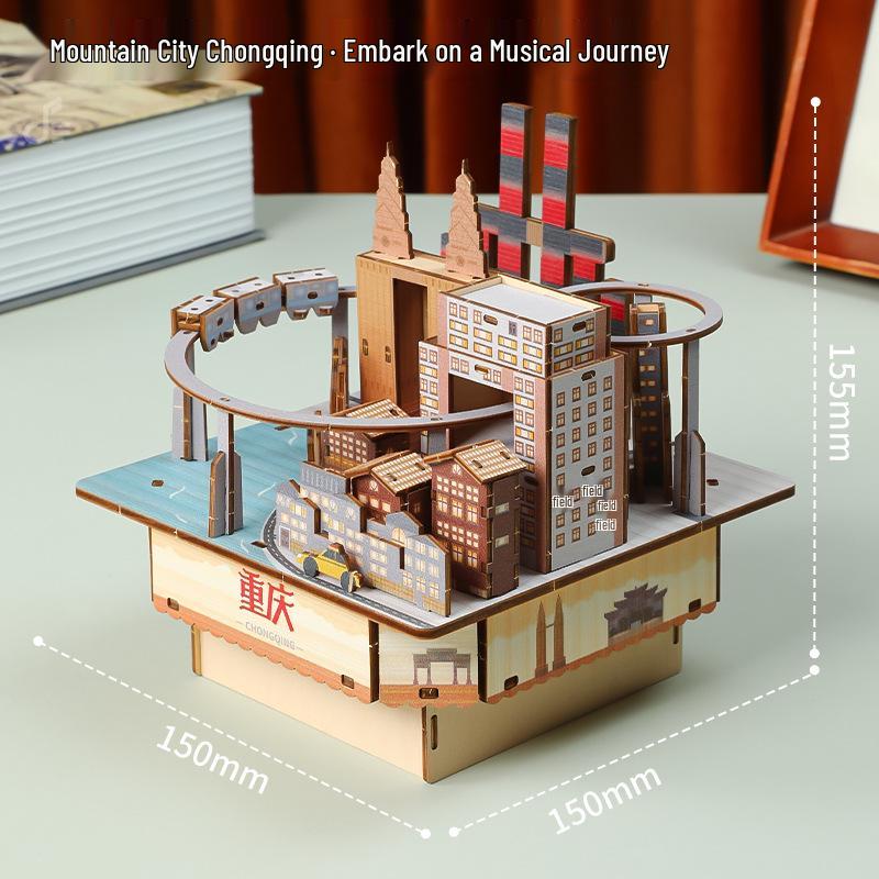 Handmade Wooden 3D Puzzle Music Box - Mountain City Chongqing Model for Adults