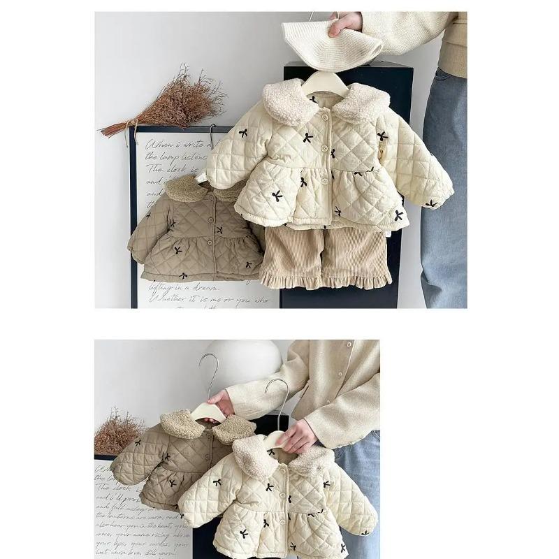Winter Baby Girls Fleece Warm Coat Infant Padded Jacket Velvet Thick Toddler Bow Embroidery Cardigan