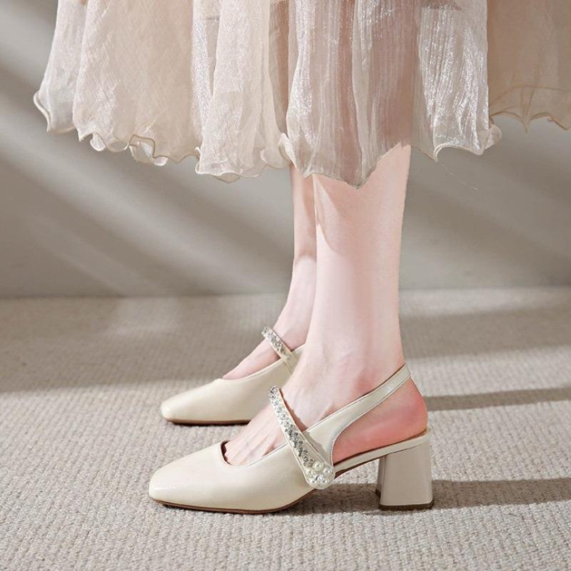 Women's Sandals Covering Toe Mid Heel High Heel Single Shoes Summer Fairy Style with Skirts Rubber Bottom Square Head