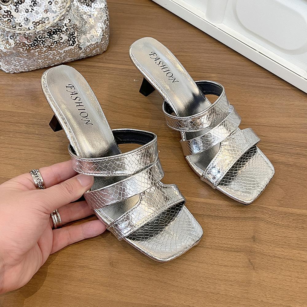 Bling Bling Luxurious Rhinestone Decor Slippers Women Square Toe Thin High Heels Sandals Summer Dress Shoes Party Wedding Shoes