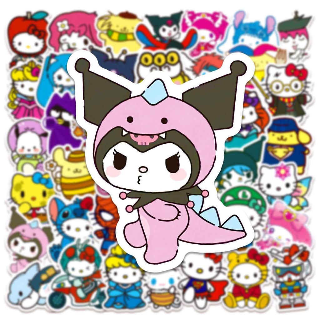50 Hello Kitty, Kuromi, and My Melody Cute Sticker Sheets for Laptop, Water Bottle, Suitcase, and Diary.