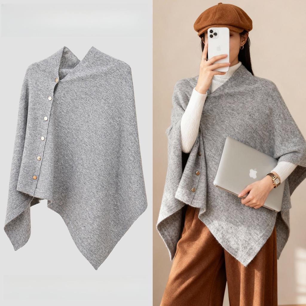 AOSSVIAO 2026 New Autumn Winter Women Pure Cashmere Shawl Solid Color Warm Side Button Knit Cape Poncho Outerwear