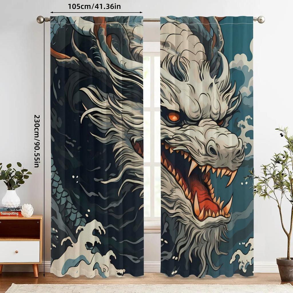 Set Of 2 Dragon Design Curtains Living Room Polyester Retro Style Top Vibrant Light Blocking Made Machine Washable Window Treatment