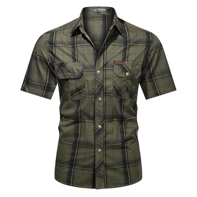 Army Shirt Men Fashion Military Short-sleeve Tops Casual Top Male Lapel Plaid Work Shirts Summer