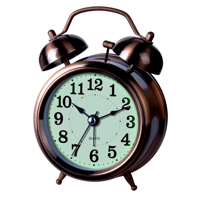 Red Ancient Luminous Mute Alarm Clock Children Student Small Metal Clock Loud Double Ring Ring Ring Retro Home Use