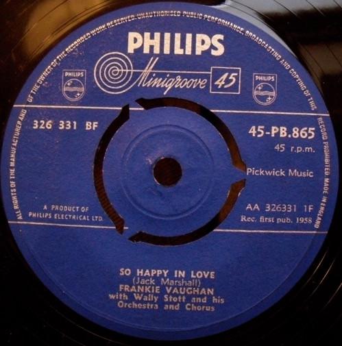 

7inch Record FRANKIE VAUGHAN - So Happy In Love 45PB865 Philips 1958 UK Pop Used